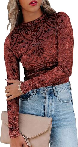 miduo Womens Velvet Burnout Top Crew Neck Long Sleeve Slim Fit Shirt Blouses Tops in Saudi Arabia