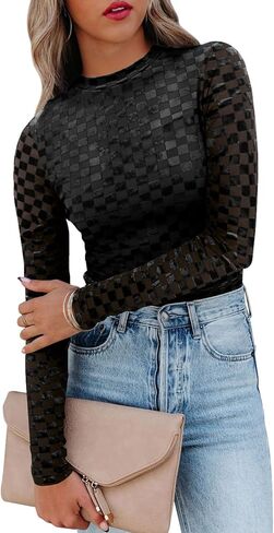 miduo Womens Velvet Burnout Top Crew Neck Long Sleeve Slim Fit Shirt Blouses Tops in Saudi Arabia