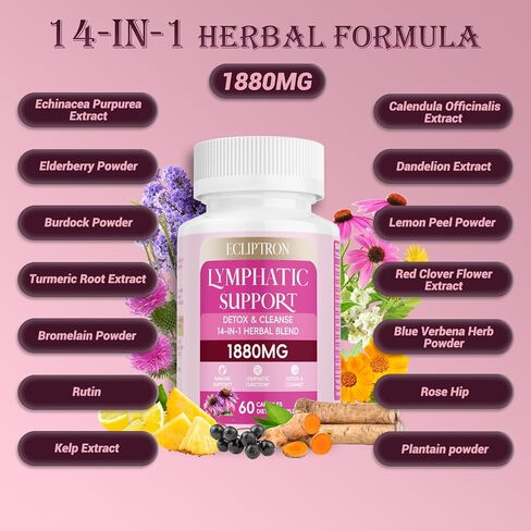 Lymphatic Drainage Supplement 1880 mg, Lymphatic System Support Supplement with Echinacea, Dandelion, Turmeric, Burdock, Elderberry, and Calendula, Lymph Detox Cleanse & Immune Support, 60 Capsules in Saudi Arabia