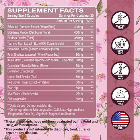 Lymphatic Drainage Supplement 1880 mg, Lymphatic System Support Supplement with Echinacea, Dandelion, Turmeric, Burdock, Elderberry, and Calendula, Lymph Detox Cleanse & Immune Support, 60 Capsules in Saudi Arabia