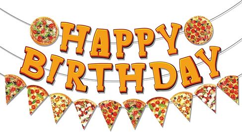 3 PCS Pizza Happy Birthday Paper Banners Cartoon Pizza Pattern Banners Hanging Bunting Party Decorations in Saudi Arabia