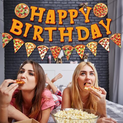 3 PCS Pizza Happy Birthday Paper Banners Cartoon Pizza Pattern Banners Hanging Bunting Party Decorations in Saudi Arabia