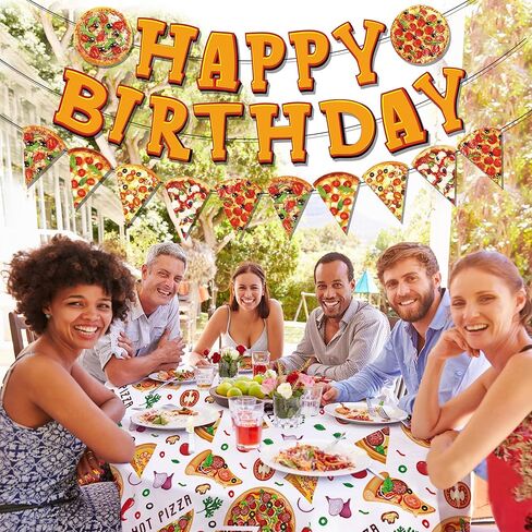 3 PCS Pizza Happy Birthday Paper Banners Cartoon Pizza Pattern Banners Hanging Bunting Party Decorations in Saudi Arabia