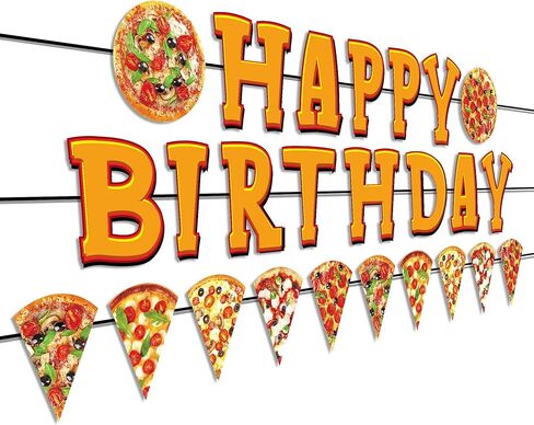 3 PCS Pizza Happy Birthday Paper Banners Cartoon Pizza Pattern Banners Hanging Bunting Party Decorations in Saudi Arabia
