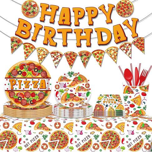 3 PCS Pizza Happy Birthday Paper Banners Cartoon Pizza Pattern Banners Hanging Bunting Party Decorations in Saudi Arabia