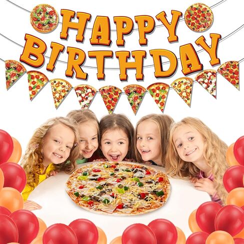 3 PCS Pizza Happy Birthday Paper Banners Cartoon Pizza Pattern Banners Hanging Bunting Party Decorations in Saudi Arabia