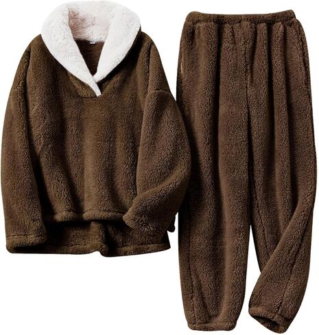 Gihuo Mens Pajamas Set Winter Warm Flannel Pajamas Soft Fluffy Fleece Pj Set Loungewear Plush Sleepwear in Saudi Arabia
