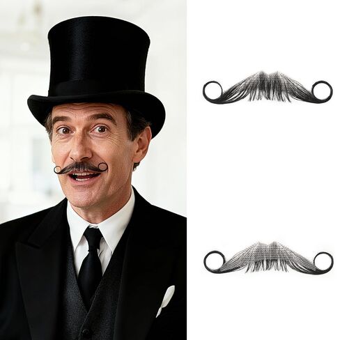Fake Mustaches – Realistic 100% Human Hair, Full Hand-Tied Beard & Mustache with Invisible Lace, Reusable Costume Facial Hair for Men, Halloween, Cosplay, Theater, Movie & Party Makeup Black in Saudi Arabia