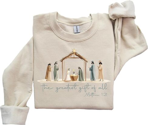 سويت شيرت Nativity Scene Christmas Sweatshirt · Christian The Greatest Gift of All Tee · Jesus Birth Matthew 1:21، متعدد الألوان in Kuwait