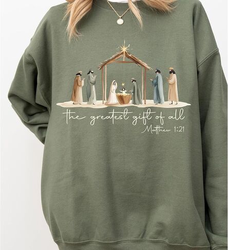 سويت شيرت Nativity Scene Christmas Sweatshirt · Christian The Greatest Gift of All Tee · Jesus Birth Matthew 1:21، متعدد الألوان in Kuwait