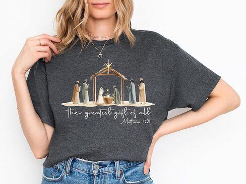 سويت شيرت Nativity Scene Christmas Sweatshirt · Christian The Greatest Gift of All Tee · Jesus Birth Matthew 1:21، متعدد الألوان in Kuwait