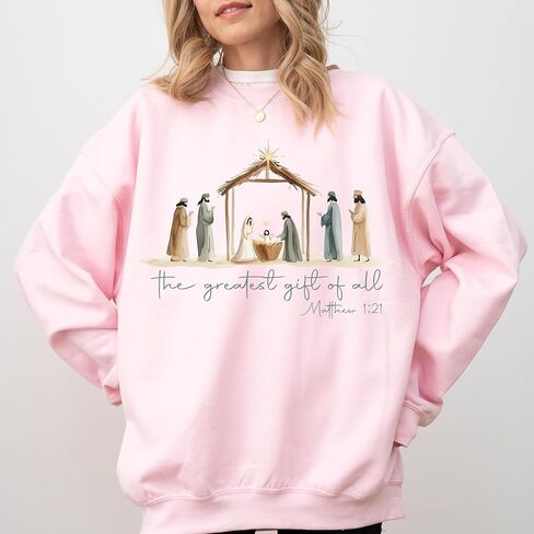 سويت شيرت Nativity Scene Christmas Sweatshirt · Christian The Greatest Gift of All Tee · Jesus Birth Matthew 1:21، متعدد الألوان in Kuwait