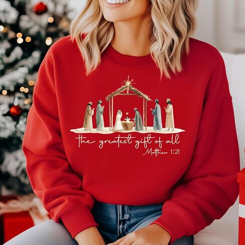 سويت شيرت Nativity Scene Christmas Sweatshirt · Christian The Greatest Gift of All Tee · Jesus Birth Matthew 1:21، متعدد الألوان in Kuwait