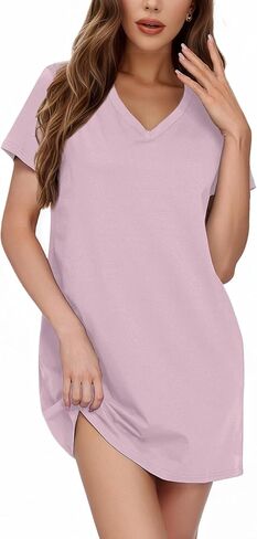 Cotton Nightgowns for Women V Neck Sleepshirt Short Sleeve Soft Sleepwear Nightdress in Saudi Arabia