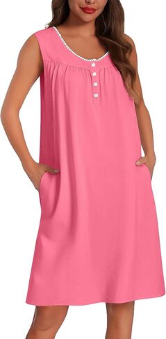 Ekouaer Cotton Nightgowns for Women Tank Sleeveless Night Gowns Lace Button Sleep Dress House Dress with Pockets S-3XL in Kuwait