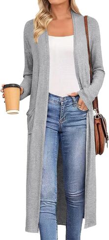 AYIFU Womens Maxi Cardigan Lightweight Long Sleeve Open Front Casual Cardigans Duster with Pockets in Saudi Arabia