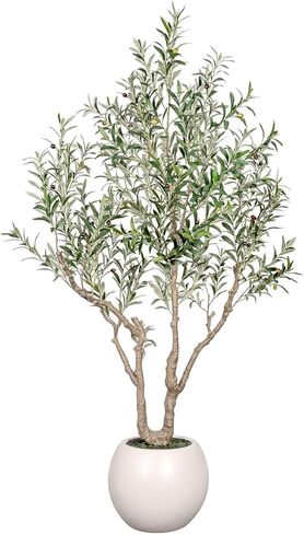 Olive Tree Artificial Indoor, 7FT Tall Faux Olive Tree with 16in Round White Planter, Artificial Plants with Natural Wood Trunk and Lifelike Fruits for Home Office Decor in Saudi Arabia