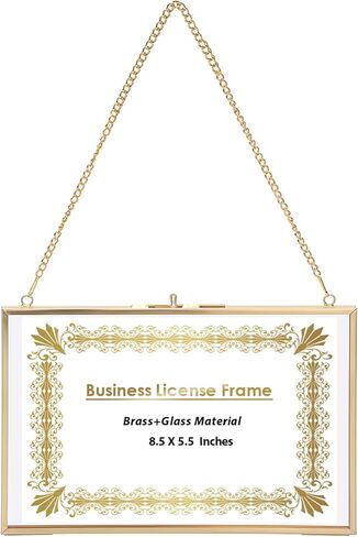 JUXYES Wall Hanging Business License Frame Brass License Certificate Display Frame, Double Glass Floating Diploma Frames, Wall Mount Golden Graduation Frames for 4x9 and 3.5x8.5 Certificate Business Licenses in Saudi Arabia