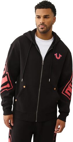 True Religion Overt Arch Logo Zip Up Hoodie for Men | Fleece-Lined Cotton Blend Sweatshirt with Hood & Kangaroo Pocket in Saudi Arabia