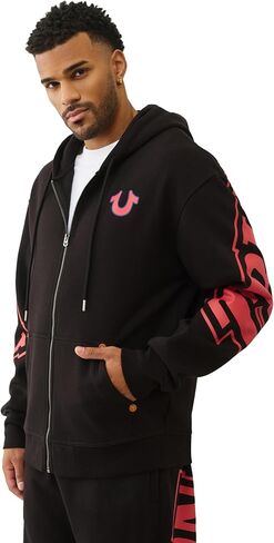 True Religion Overt Arch Logo Zip Up Hoodie for Men | Fleece-Lined Cotton Blend Sweatshirt with Hood & Kangaroo Pocket in Saudi Arabia