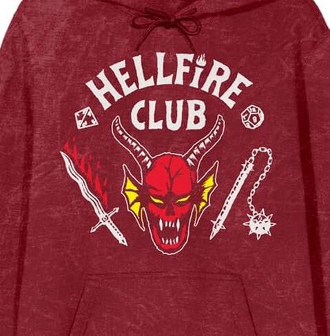 Bioworld Stranger Things Hellfire Club Men’s Red Mineral Wash Long Sleeve Hooded Sweatshirt in Saudi Arabia