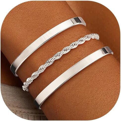 ZOERAY Silver Gold Bangle Bracelets for Women Non Tarnish 14k Gold Plated Stackable Cuff Bracelets for Women Trendy Cubic Zirconia Stainless Steel Chunky Bracelet Stack Set Waterproof Jewelry Gifts in Saudi Arabia