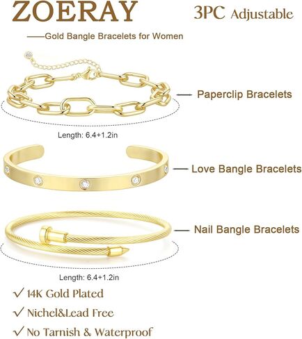 ZOERAY Silver Gold Bangle Bracelets for Women Non Tarnish 14k Gold Plated Stackable Cuff Bracelets for Women Trendy Cubic Zirconia Stainless Steel Chunky Bracelet Stack Set Waterproof Jewelry Gifts in Saudi Arabia