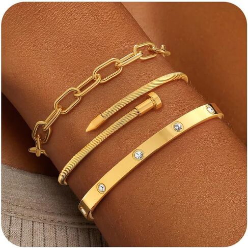 ZOERAY Silver Gold Bangle Bracelets for Women Non Tarnish 14k Gold Plated Stackable Cuff Bracelets for Women Trendy Cubic Zirconia Stainless Steel Chunky Bracelet Stack Set Waterproof Jewelry Gifts in Saudi Arabia