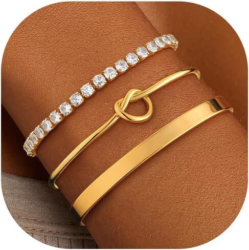 ZOERAY Silver Gold Bangle Bracelets for Women Non Tarnish 14k Gold Plated Stackable Cuff Bracelets for Women Trendy Cubic Zirconia Stainless Steel Chunky Bracelet Stack Set Waterproof Jewelry Gifts in Saudi Arabia