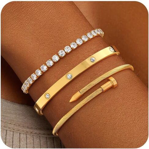ZOERAY Silver Gold Bangle Bracelets for Women Non Tarnish 14k Gold Plated Stackable Cuff Bracelets for Women Trendy Cubic Zirconia Stainless Steel Chunky Bracelet Stack Set Waterproof Jewelry Gifts in Saudi Arabia