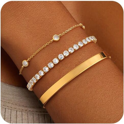ZOERAY Silver Gold Bangle Bracelets for Women Non Tarnish 14k Gold Plated Stackable Cuff Bracelets for Women Trendy Cubic Zirconia Stainless Steel Chunky Bracelet Stack Set Waterproof Jewelry Gifts in Saudi Arabia