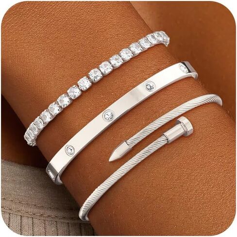 ZOERAY Silver Gold Bangle Bracelets for Women Non Tarnish 14k Gold Plated Stackable Cuff Bracelets for Women Trendy Cubic Zirconia Stainless Steel Chunky Bracelet Stack Set Waterproof Jewelry Gifts in Saudi Arabia