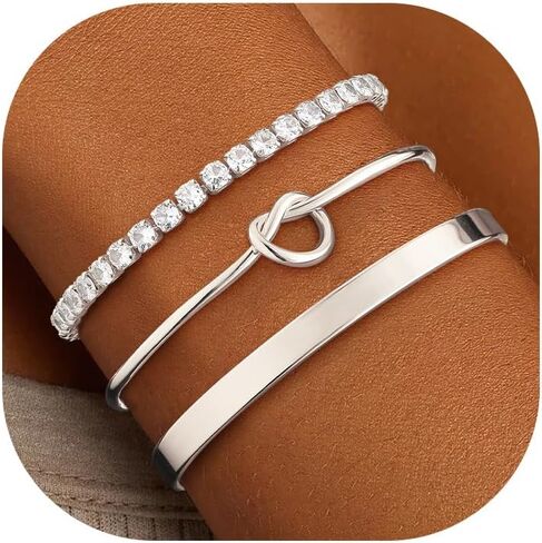 ZOERAY Silver Gold Bangle Bracelets for Women Non Tarnish 14k Gold Plated Stackable Cuff Bracelets for Women Trendy Cubic Zirconia Stainless Steel Chunky Bracelet Stack Set Waterproof Jewelry Gifts in Saudi Arabia