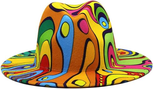 Fashion Printed Jazz Hat for Men and Women,Tie-dye Flat Brim Hat Fedora Hat Imitation Wool Felt Cap in Saudi Arabia