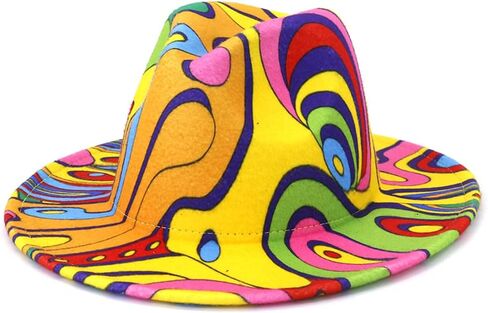Fashion Printed Jazz Hat for Men and Women,Tie-dye Flat Brim Hat Fedora Hat Imitation Wool Felt Cap in Saudi Arabia