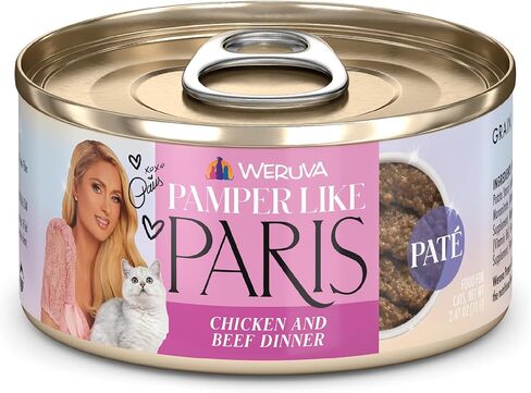 Weruva Paris Hilton Pamper Like Paris طعام القطط الرطب الخالي من الحبوب الطبيعية، باتيه التونة وسمك السلمون، علبة 2.47 أونصة (عبوة من 12 قطعة) in Saudi Arabia