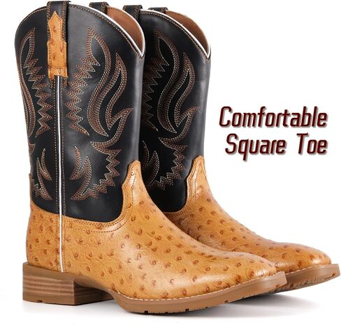 SUREWAY Men‘s Full Grain Leather Cowboy Boots with Ostrich Pattern，Square Toe Embroidery Western Boot, Oil and Slip Resistant， Durable 10-Inch Pull-On Wellington Boots for Men in Saudi Arabia