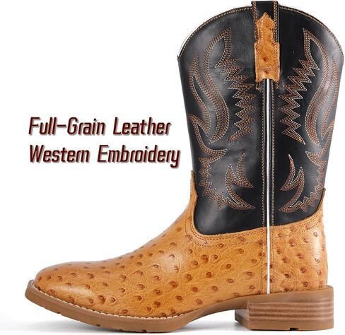 SUREWAY Men‘s Full Grain Leather Cowboy Boots with Ostrich Pattern，Square Toe Embroidery Western Boot, Oil and Slip Resistant， Durable 10-Inch Pull-On Wellington Boots for Men in Saudi Arabia