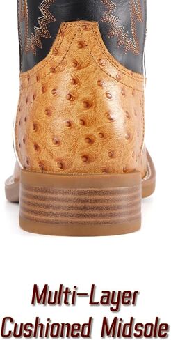 SUREWAY Men‘s Full Grain Leather Cowboy Boots with Ostrich Pattern，Square Toe Embroidery Western Boot, Oil and Slip Resistant， Durable 10-Inch Pull-On Wellington Boots for Men in Saudi Arabia