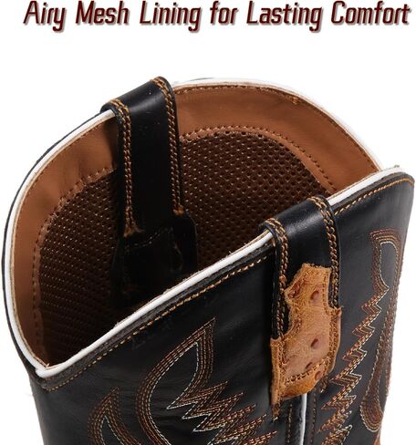 SUREWAY Men‘s Full Grain Leather Cowboy Boots with Ostrich Pattern，Square Toe Embroidery Western Boot, Oil and Slip Resistant， Durable 10-Inch Pull-On Wellington Boots for Men in Saudi Arabia