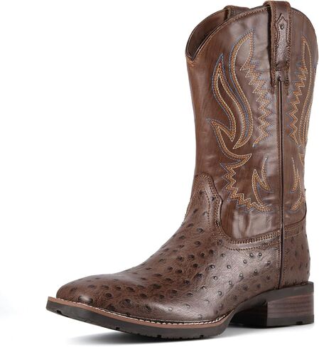 SUREWAY Men‘s Full Grain Leather Cowboy Boots with Ostrich Pattern，Square Toe Embroidery Western Boot, Oil and Slip Resistant， Durable 10-Inch Pull-On Wellington Boots for Men in Saudi Arabia