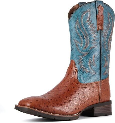 SUREWAY Men‘s Full Grain Leather Cowboy Boots with Ostrich Pattern，Square Toe Embroidery Western Boot, Oil and Slip Resistant， Durable 10-Inch Pull-On Wellington Boots for Men in Saudi Arabia