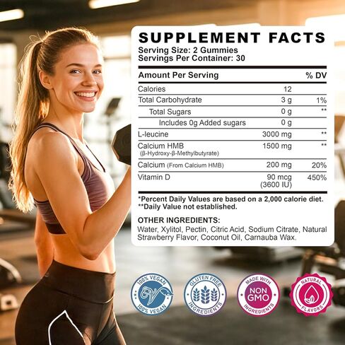 HMB and L-Leucine Gummies, 4500mg HMB and Leucine Supplements for Men & Women, Sugar-Free, Strawberry Flavored, 120 Count in Kuwait