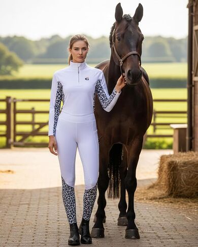Equestrian Shirts for Women, Horse Riding Shirts Base Layer, Horseback Riding Shirts Long Sleeves, Quarter Zip Leopard Panels in Saudi Arabia