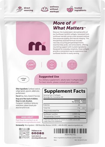 Micro Ingredients Sunflower Lecithin 2,400mg, 240 Softgels | Natural Sunflower Seed Oil Source with Phosphatidylcholine | Soy Free Lecithin Supplement | Non-GMO, No Gluten in Saudi Arabia