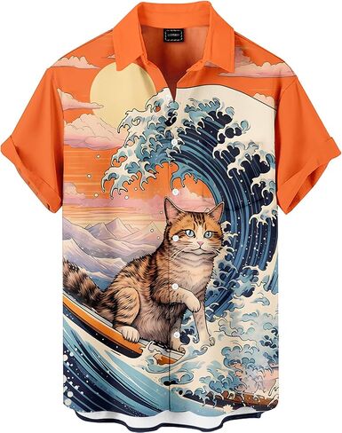 Men's Funny Hawaiian Western Ocean Animal Ukiyoe Faith Theme Summer Beach Vacation Short Sleeve Shirt in Saudi Arabia