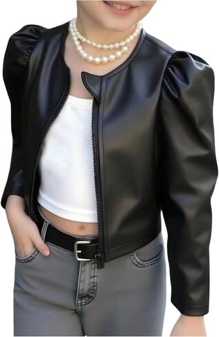 Girl's Zip Up PU Leather Jackets Crew Neck Long Sleeve Casual Outerwear Y2k Fall Coat in Saudi Arabia