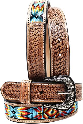 CHALLENGER 31-32 Kids Child Youth 1-1/4" Wide Western Floral Tooled Purple Beaded Leather Belt 26FK43C in Saudi Arabia