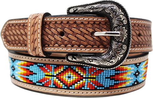 CHALLENGER 31-32 Kids Child Youth 1-1/4" Wide Western Floral Tooled Purple Beaded Leather Belt 26FK43C in Saudi Arabia