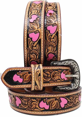 CHALLENGER 25-26 Girls Kids Child Youth 1-1/4" Wide Western Rodeo Fashion Two-Tone Floral Hearts Tooled Leather Belt 26FK37PKC in Saudi Arabia